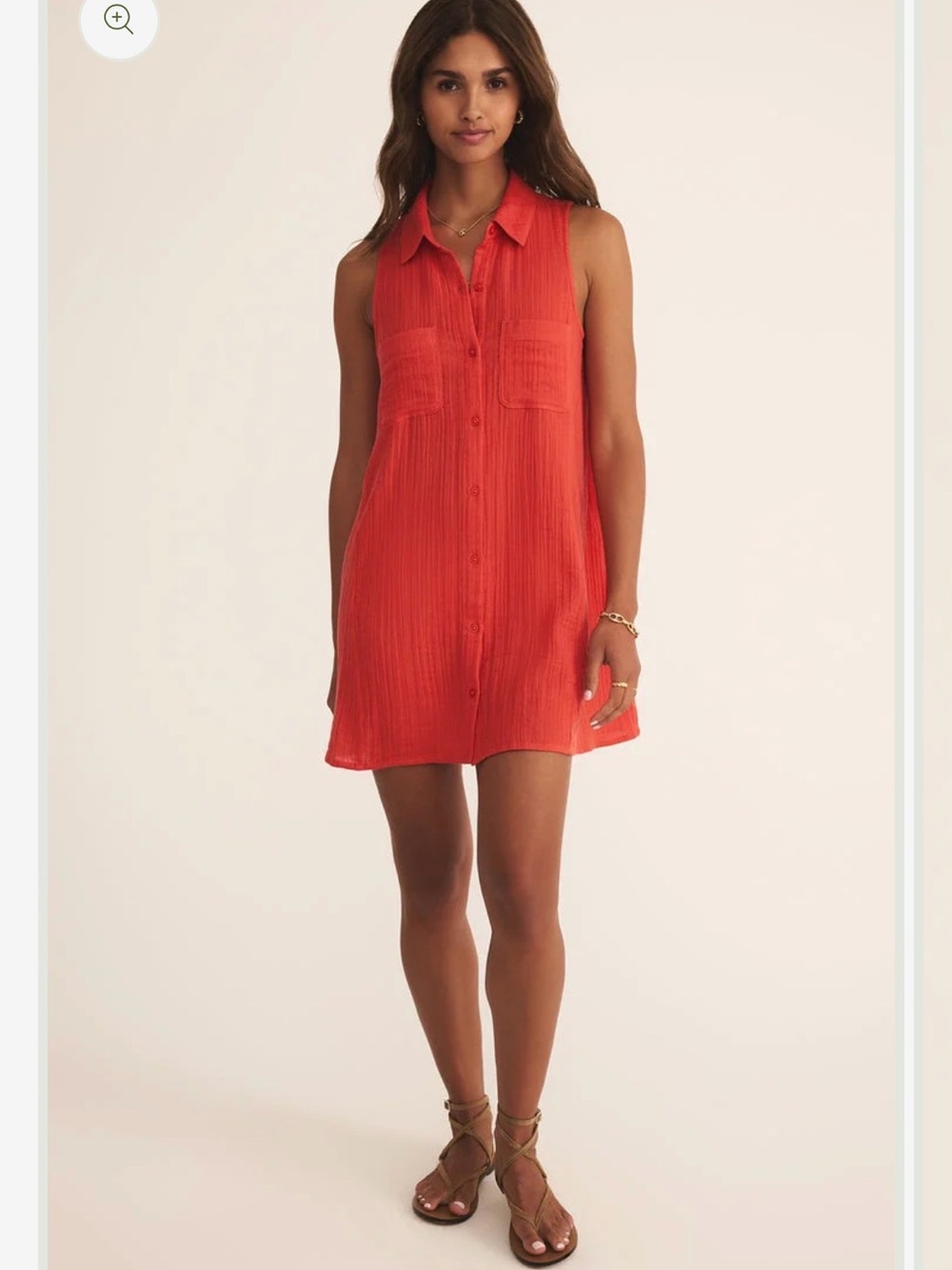 Z SUPPLY Sleeveless Button-Front Mini Dress in Cabana Red/ Orange